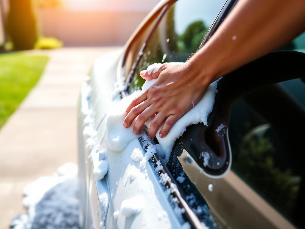 Careful hand wash with foam on a vehicle